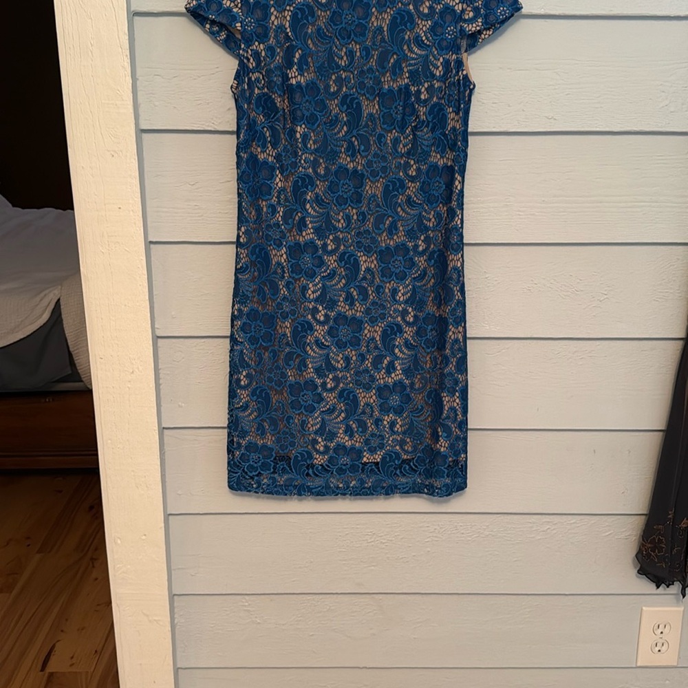 Black Saks Fifth Avenue Royal Blue Lace Overlay Dress, Small. Elegant!